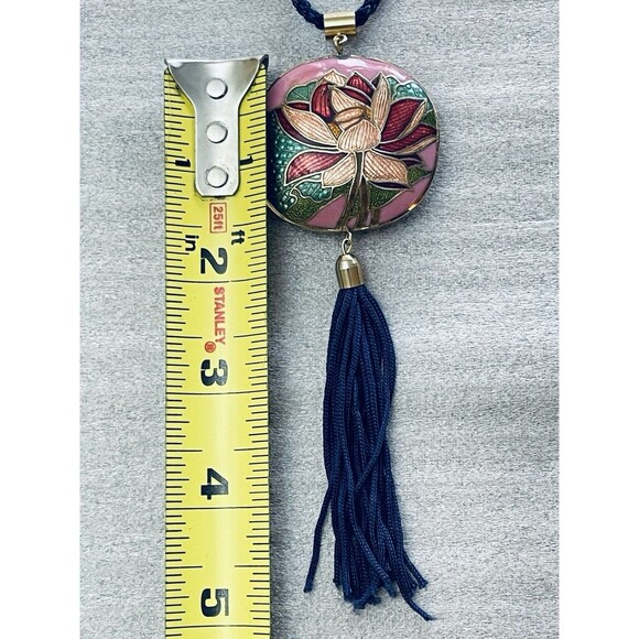 Vintage Cloisonné Pendant Necklace 1.75" w/ Tassel on 30" Navy Cord Boho - Picture 6 of 8